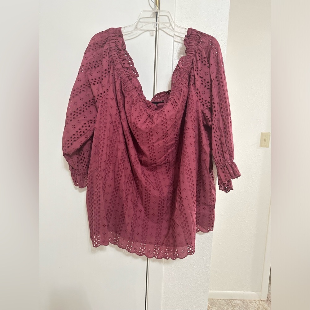 lane bryant 26 28 off the shoulder laser cut maroon long sleeve shirt Trendy - Picture 3 of 8